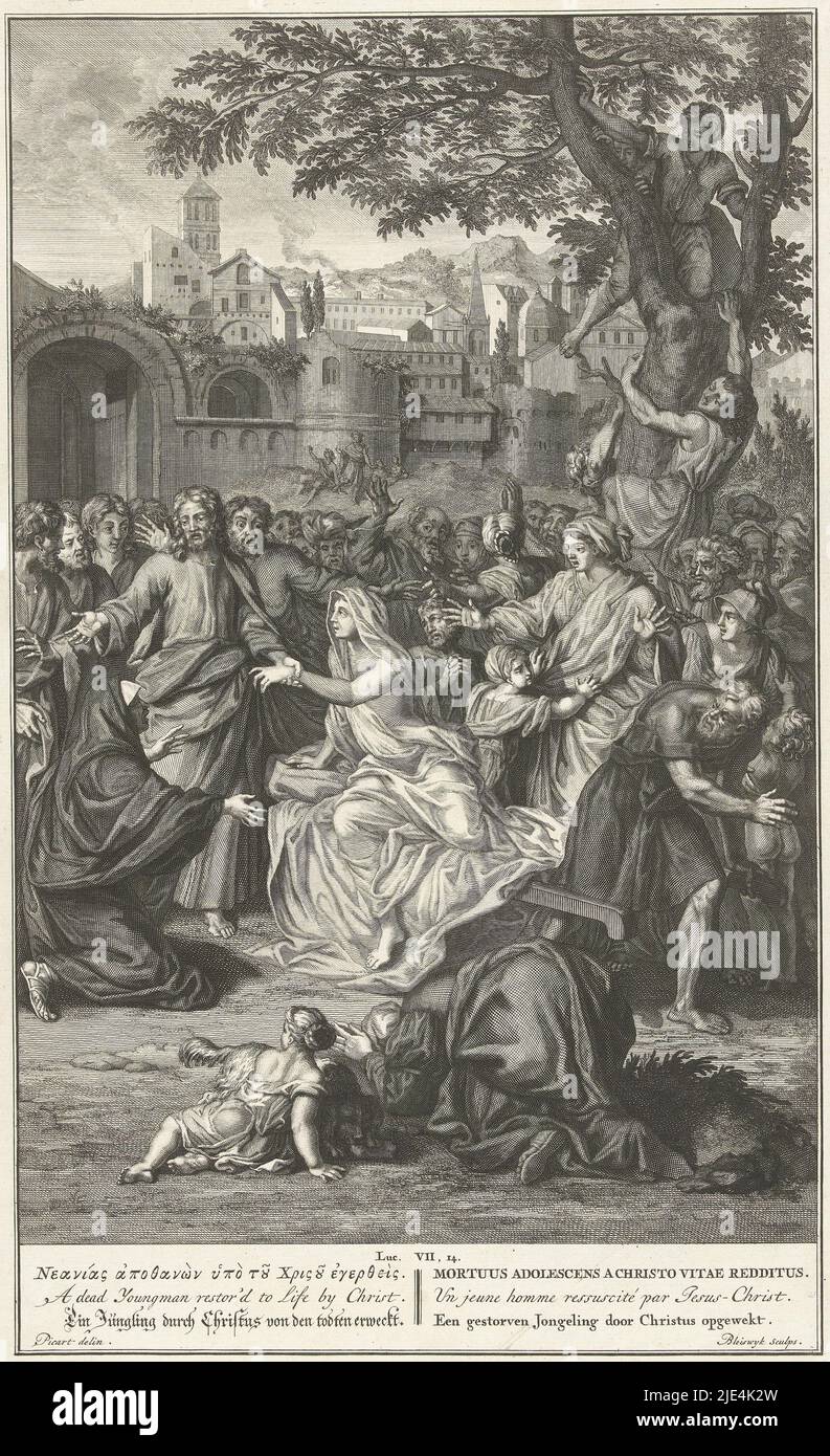 Revival of the son of the widow of Naïn, François van Bleyswijck, after Bernard Picart, 1728, Christ approaches city of Naïn with apostles and crowd of people and near city gate he encounters men with dead body of young man on a bier. This only son of a widow he raises to life to the amazement of the bystanders. Below the scene, the biblical text from Luke 7:14 is quoted in six languages, print maker: François van Bleyswijck, (mentioned on object), intermediary draughtsman: Bernard Picart, (mentioned on object), Leiden, 1681 - 1728 and/or 1728, paper, etching, engraving, h 369 mm × w 230 mm Stock Photo