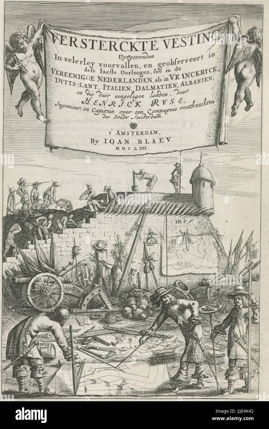 Title page for Henrich Ruse, Versterckte Vesting, 1654, Hendrick baron van Ruse van Rysensteen, 1654, Below the title are several men building a fortress wall. In the foreground three men with measuring instruments and a map of a fortification wall. In front of the rampart are weapons and flags, and on the rampart are measuring instruments and a sheet with calculations., print maker: Hendrick baron van Ruse van Rysensteen, (mentioned on object), publisher: Johannes Willemszoon Blaeu, (mentioned on object), Amsterdam, 1654, paper, etching, engraving, h 261 mm × w 171 mm Stock Photo