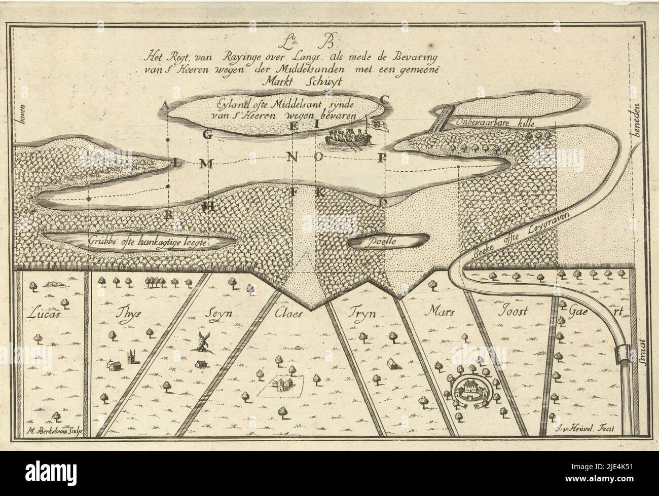 Map of a bay in the coastline (with letters), Martinus Berkenboom, after J. van Heuvel, 1650 - 1715, Map of a bay in the coastline. Print is part of a series of prints on hydraulic engineering and reclamation., print maker: Martinus Berkenboom, (mentioned on object), J. van Heuvel, (mentioned on object), Nijmegen, 1650 - 1715, paper, etching, h 200 mm × w 302 mm Stock Photo