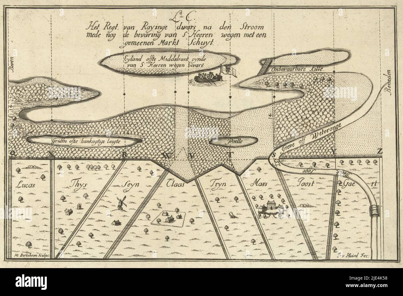 Map of a bay in the coastline (without letters), Martinus Berkenboom, after J. van Heuvel, 1650 - 1715, Map of a bay in the coastline. Print is part of a series of prints on hydraulic engineering and reclamation., print maker: Martinus Berkenboom, (mentioned on object), J. van Heuvel, (mentioned on object), Nijmegen, 1650 - 1715, paper, etching, h 200 mm × w 302 mm Stock Photo