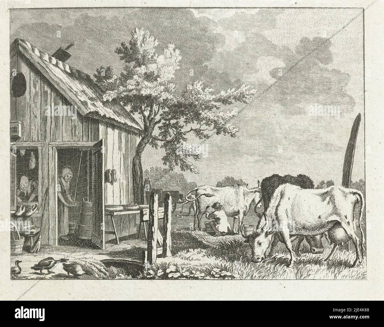 Cows near a barn, Leendert Brasser, 1781, Illustration for the letter K in the 'Vaderlandsch A-B boek, voor de Nederlandsche jeugd' by J.H. Swilden. Cows are standing in the meadow near a barn. A man is milking. In the barn the milk is being processed. A woman is churning, the other kneading butter. In front of the barn, cheeses are on the table. Below the illustration a two-line verse. Below the letter a description of the concept., print maker: Leendert Brasser, publisher: Willem Holtrop, print maker: Northern Netherlands, publisher: Amsterdam, 1781, paper, etching, h 94 mm - w 102 mm, h 204 Stock Photo