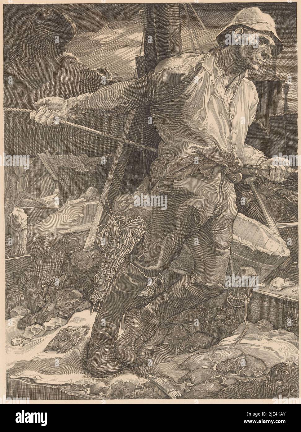 Worker letting a rope celebrate, Johannes Josephus Aarts, 1881 - 1934, A worker wearing a hat and boots lets a rope celebrate. In the background, among other things, a shovel, a tub, a fence, a hut and a machine., print maker: Johannes Josephus Aarts, 1881 - 1934, paper, engraving, h 339 mm × w 245 mm Stock Photo