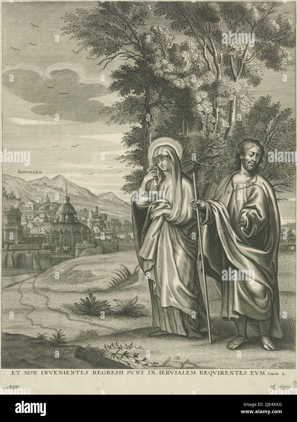 Return to Jerusalem, Adriaen Lommelin, after Peter Paul Rubens, 1630 - 1677, Joseph and Mary return to Jerusalem. The city can be seen in the distance on the left. In the margin a Bible verse in Latin., print maker: Adriaen Lommelin, Peter Paul Rubens, (free after), publisher: Gilles Hendricx, (mentioned on object), Antwerp, 1630 - 1677, paper, engraving, h 449 mm × w 340 mm Stock Photo
