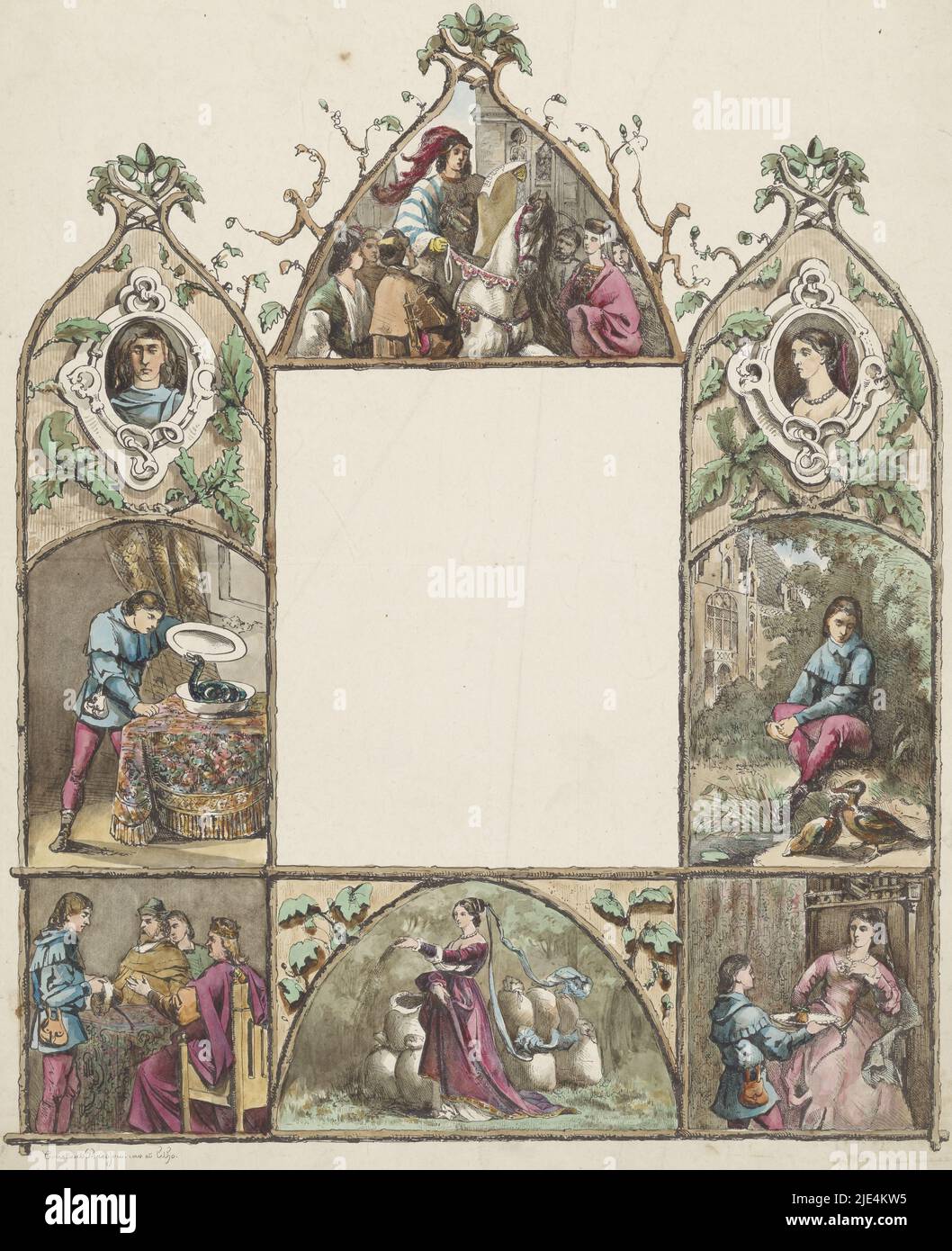 Greeting letter with figures from the fairy tale The White Snake, Constantius Wilhelmus Johannes Baesjou, 1851 - 1914, Windows depict episodes from the Grimm Brothers' fairy tale The White Snake. Top left and right are the servant and the princess. The servant discovers the white snake . He hears ducks talking about the missing ring. He asks the king for money and a horse. The princess scatters sacks of millet empty over a field. The servant offers the princess the apple from the tree of life., print maker: Constantius Wilhelmus Johannes Baesjou, (mentioned on object), The Hague, 1851 - 1914 Stock Photo