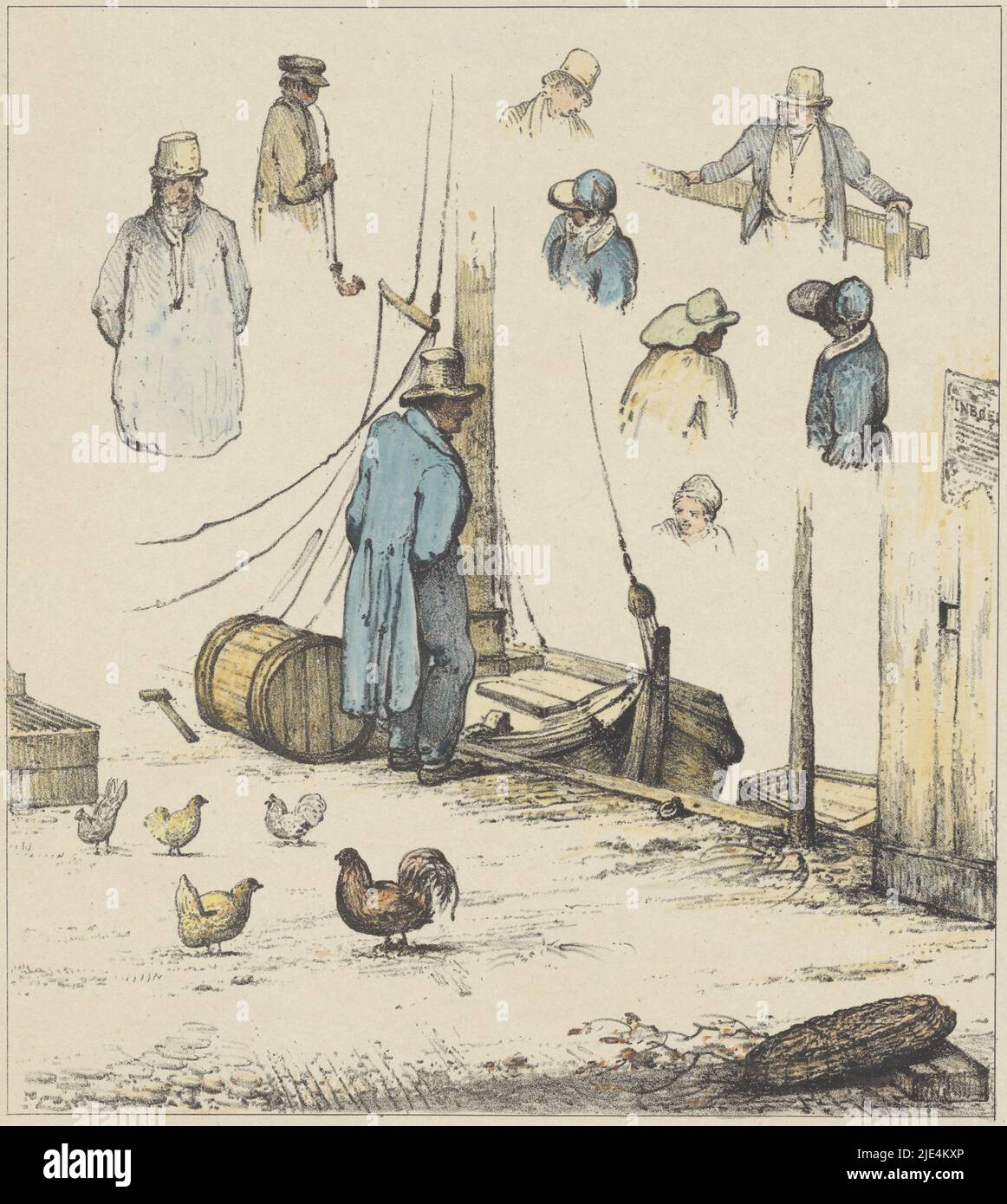 Figure studies (fourth sheet), 1833, Christiaan Andriessen, 1833, Sheet with figures: a man standing by a quay, chickens scurrying in the foreground. Part of a series of six sheets of figure studies of Dutch costumes, street figures and customs, 1833., print maker: Christiaan Andriessen, publisher: weduwe L. van Hulst & Zoon, print maker: Netherlands, publisher: Amsterdam, 1833, paper, h 340 mm × w 267 mm Stock Photo