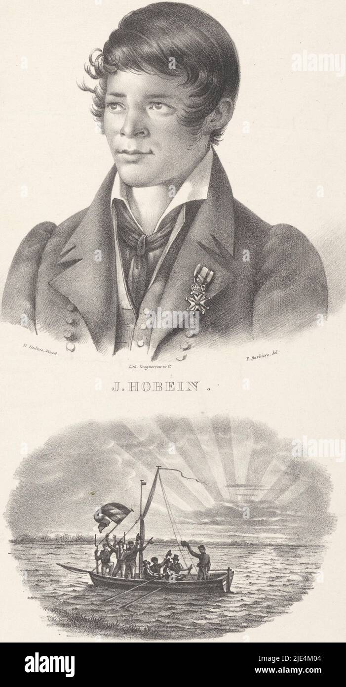 Portrait of sailor Jacob Hobein and his boat, Pieter Barbiers (IV), after D. Dubois, 1808 - 1848, He wears a Military William Order on his chest. Below the portrait a scene with a boat on which the crew is raising the Dutch flag in the air., print maker: Pieter Barbiers (IV), (mentioned on object), D. Dubois, (mentioned on object), printer: Desguerrois & Co., (mentioned on object), print maker: Netherlands, printer: Amsterdam, 1808 - 1848, paper, h 341 mm × w 200 mm Stock Photo