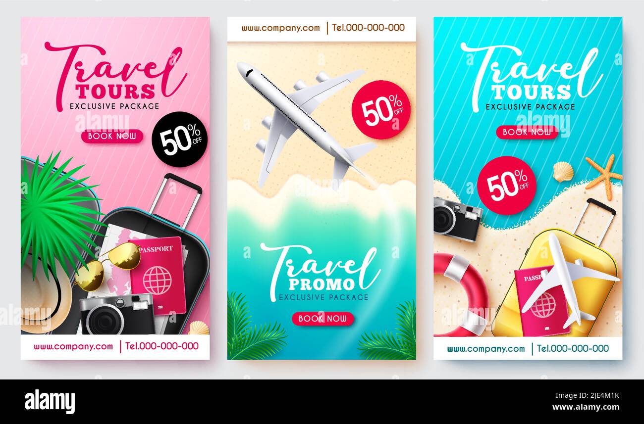 Travel promo vector poster set design. Travel tours exclusive package text collection in half the price discount with travelling elements for tourist. Stock Vector