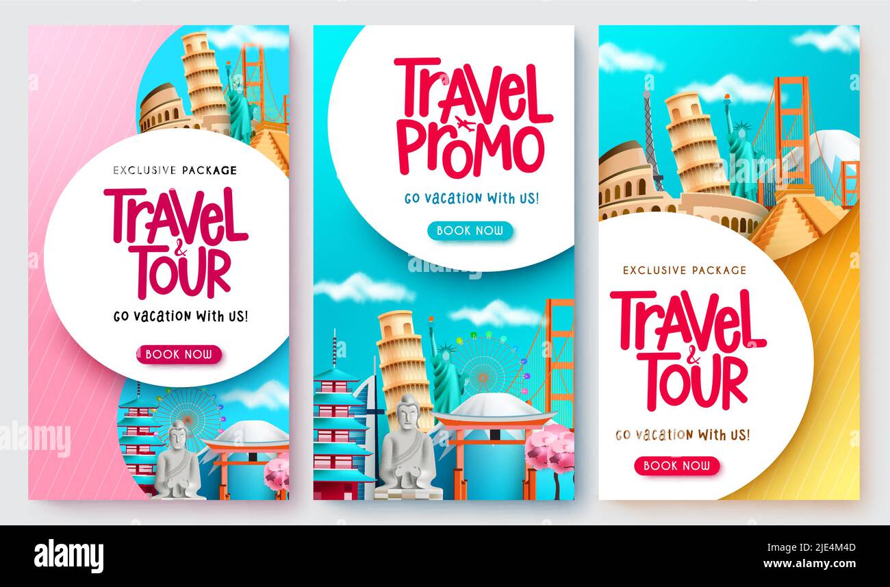 Travel package vector poster set. Travel promo text collection in exclusive discount with