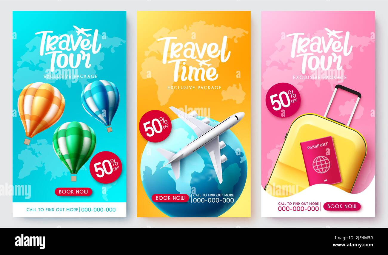 Travel tour vector poster set. Travel package collection in exclusive