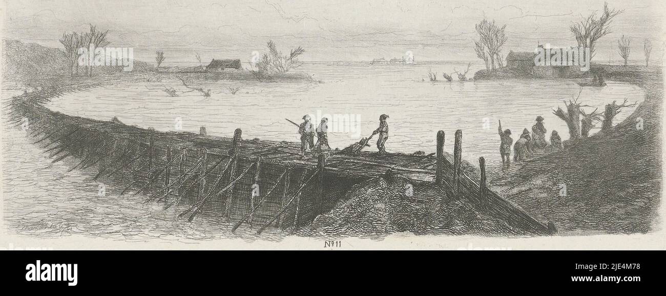 Beringing of the breakthrough at Speet, 1855, Mari ten Kate, 1855 - 1860, Beringing of the breakthrough at Speet, 9 March 1855. In the foreground, some figures are busy constructing an emergency dike to keep out the water. A number of flooded trees and houses can be seen in the background. This print is part of a series consisting of 24 prints on the flood disaster of 1855., print maker: Mari ten Kate, 1855 - 1860, paper, etching, h 145 mm - w 238 mm Stock Photo