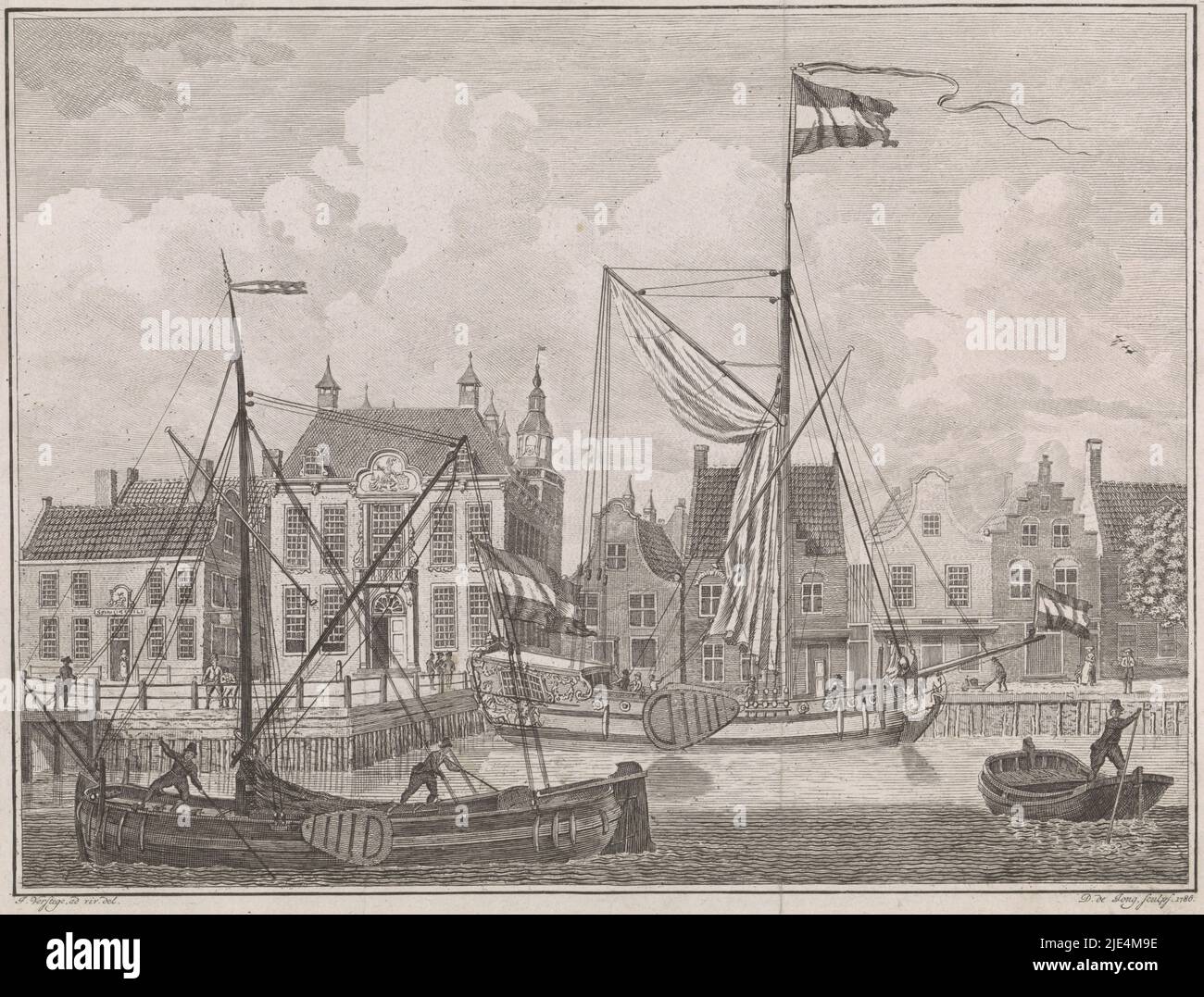 View of town hall at Harlingen, Dirk de Jong, after G. Verstege, 1786, View of the harbor and town hall at Harlingen. The Frisian state yacht is moored near the town hall. In the foreground are a tjalk and a praam. In the margin a caption in Dutch., print maker: Dirk de Jong, (mentioned on object), intermediary draughtsman: G. Verstege, (mentioned on object), Noord-Nederland, 1786, paper, etching, engraving, h 198 mm × w 251 mm Stock Photo