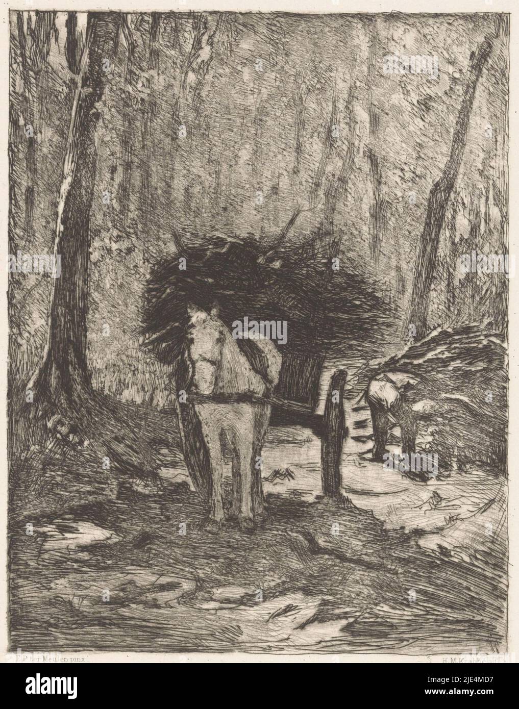 In the woods, Heinrich M. Krabbé, after François Pieter ter Meulen, 1878 - 1931, On a forest path stands a horse and cart loaded with gleaning wood. To the right, a man bending over picks up branches from the ground., print maker: Heinrich M. Krabbé, (mentioned on object), after: François Pieter ter Meulen, printer: J.B. van Campenhout, Brussels, 1878 - 1931, paper, etching, h 217 mm × w 147 mm Stock Photo