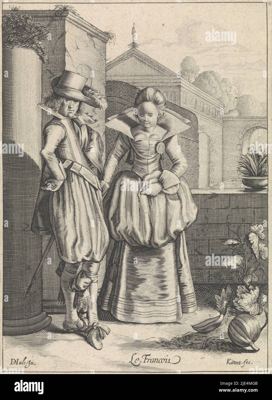 Elegant couple in French dress, Cornelis van Kittensteyn, after Dirck Hals, 1615 - 1625, On a platform in front of a chateau stands an elegant couple in French fashion of ca. 1620. The woman's upper skirt is, very fashionably, half suspended. In front of them is a pumpkin plant with a pumpkin. The print is part of a series of six prints on costumes in Europe., print maker: Cornelis van Kittensteyn, Dirck Hals, Netherlands, 1615 - 1625, paper, engraving, h 212 mm × w 155 mm Stock Photo