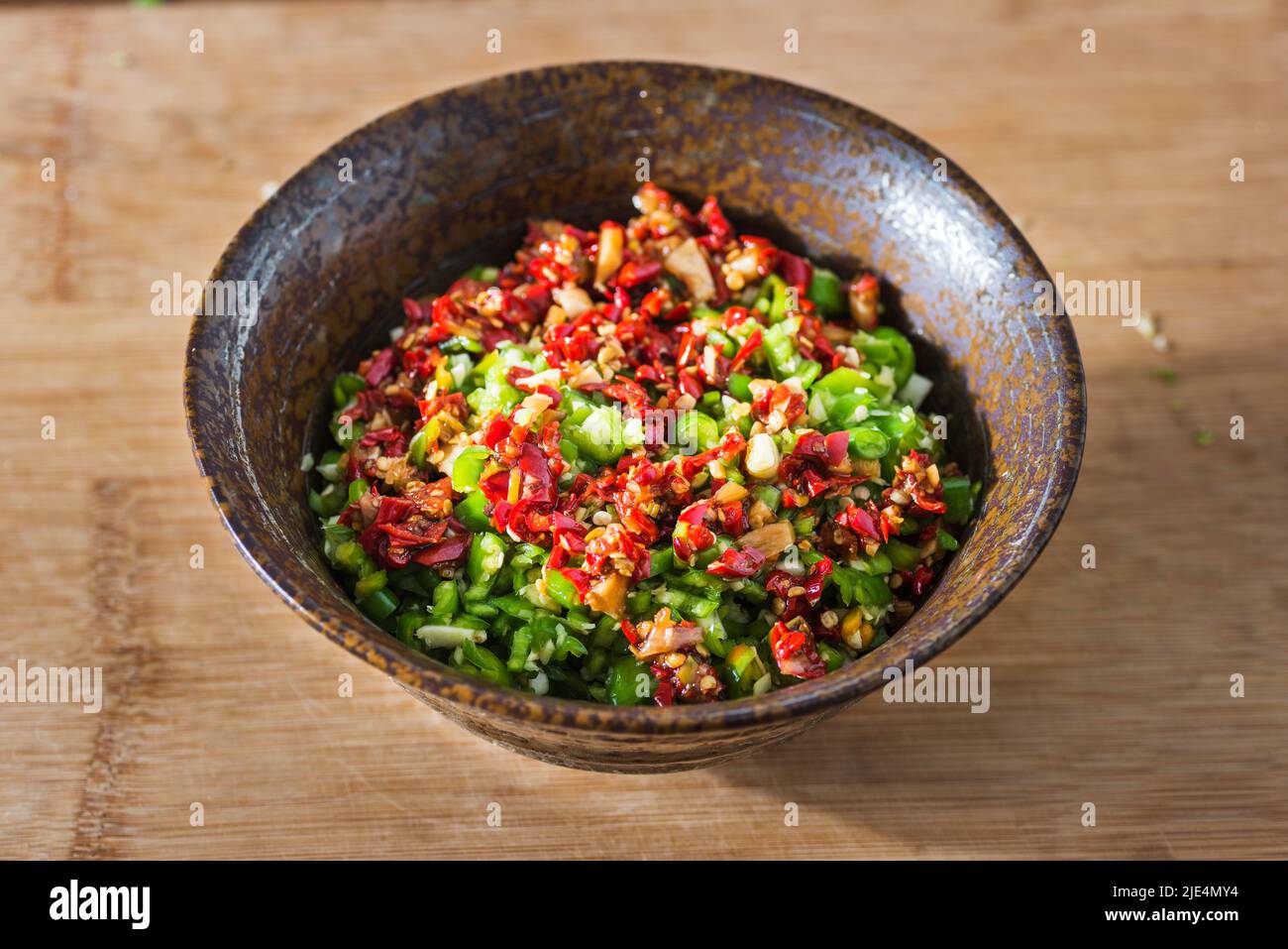 In Japanese ceramic bowl of green chili sauce Stock Photo Alamy