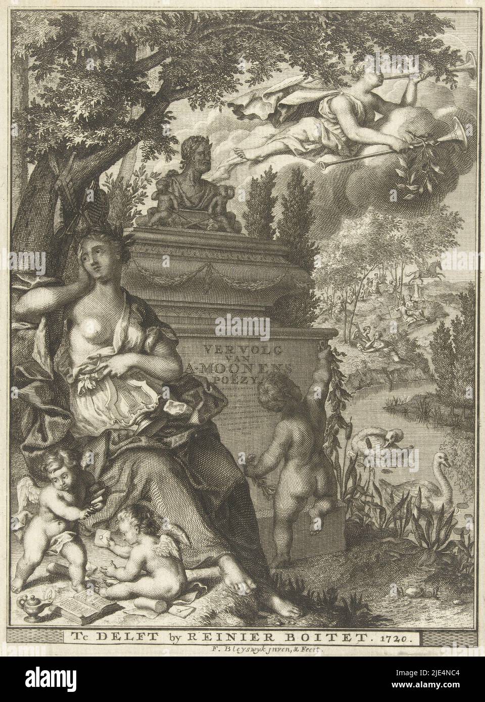 A muse and putti are seated near the tomb of poet Arnold Moonen. On a cloud lies Fame, she blows on a trumpet. The landscape in the background shows Mount Parnassus with its muses and Pegasus, while a muse and putti are sitting next to the tomb of poet Arnold Moonen Title page: Arnold Moonen, Sequel to Poetry, Delft 1720 Sequel to A. Moonen's Poetry, print maker: François van Bleyswijck, (mentioned on object), François van Bleyswijck, (mentioned on object), publisher: Reinier Boitet, (mentioned on object), print maker: Leiden, publisher: Delft, 1720, paper, etching, engraving, h 186 mm × w 139 Stock Photo