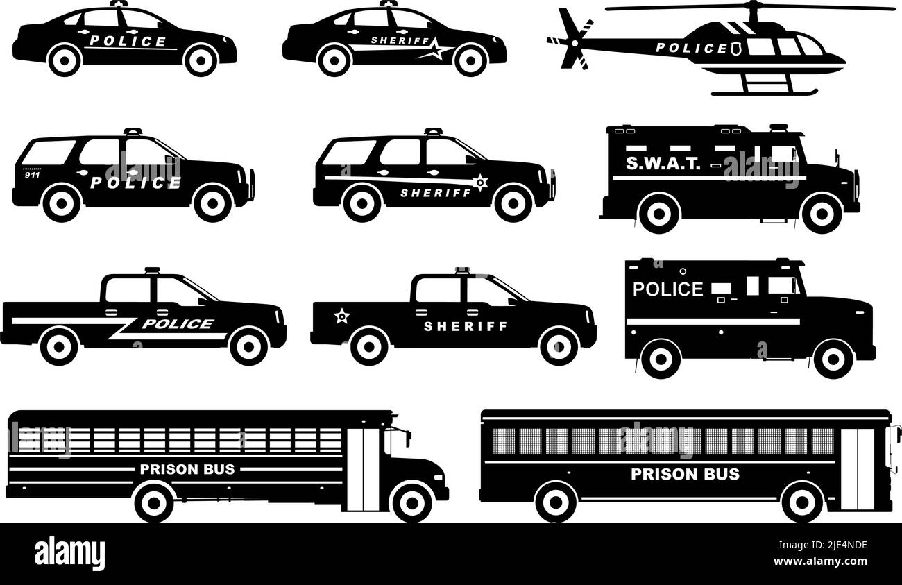 Silhouette illustration of prison bus, armored S.W.A.T. truck, police cars and helicopter isolated on white background. Stock Vector