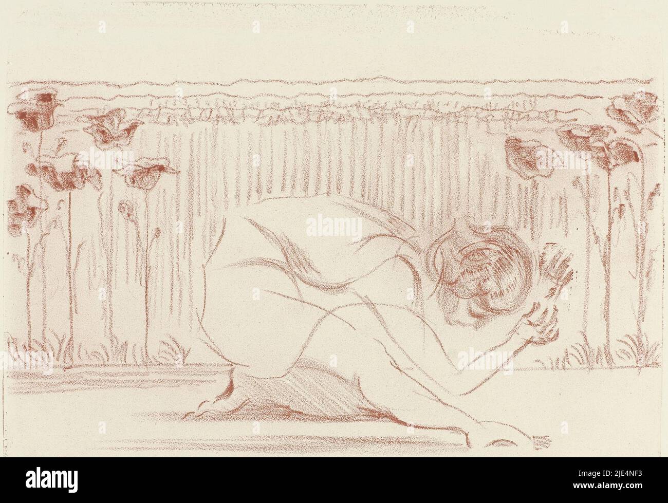 Woman bent forward on her knees with a stretched leg, and profil. Behind her a hedge with flowers, dancing 'May'. Number 1 (original title on object), print maker: Henri Braakensiek, (signed by artist), 1922, paper, h 214 mm × w 269 mm, h 285 mm × w 284 mm Stock Photo