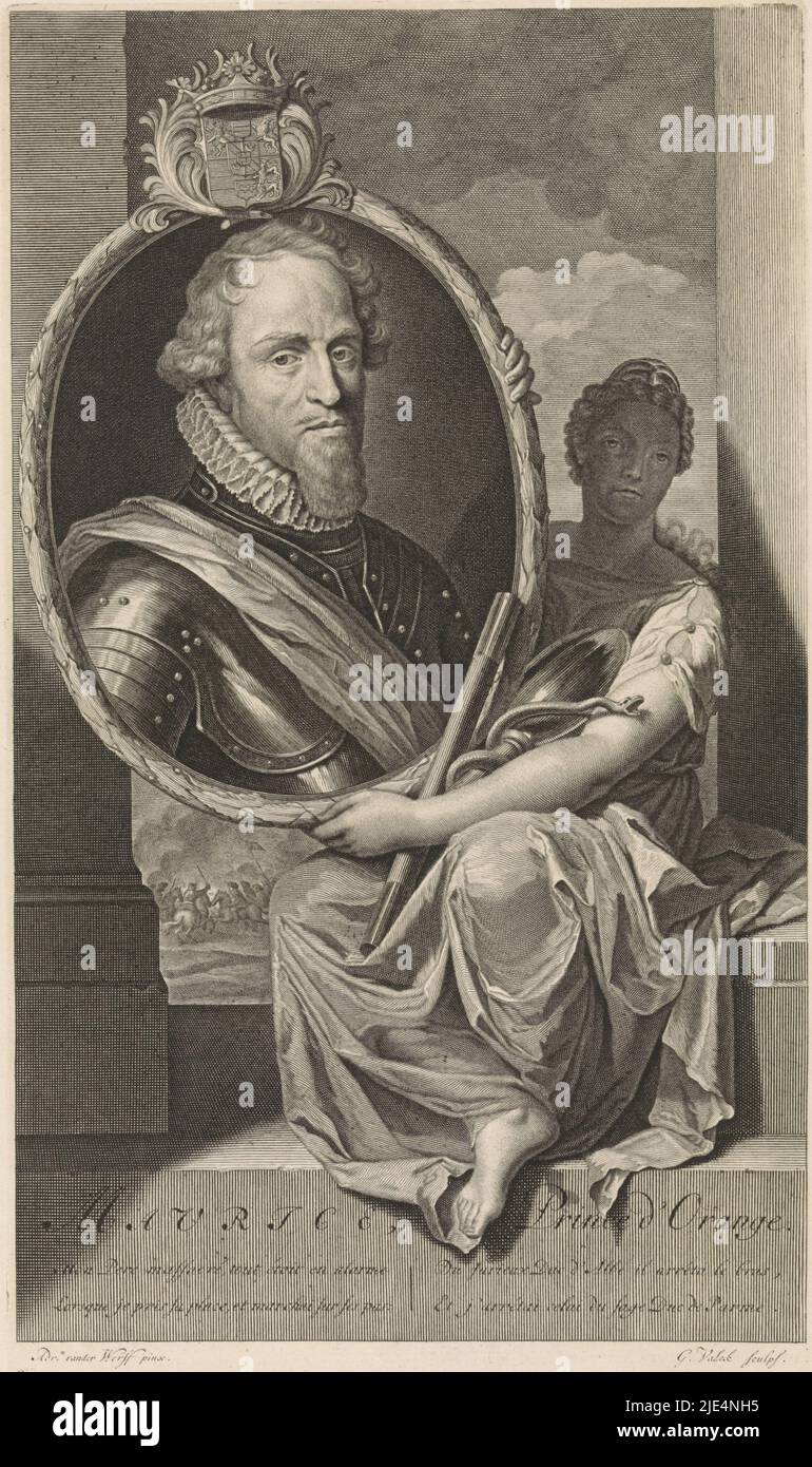 Portrait of Maurice, Prince of Orange, held by an allegorical female figure, seated between two columns, with snake, mirror and command staff. In the background a battle. With caption about Alva and the Duke of Parma. Print from a series of seven portraits of historical figures, Portrait of Maurice, Prince of Orange Seven portraits of historical figures (series title)., print maker: Gerard Valck, (mentioned on object), after: Adriaen van der Werff, (mentioned on object), Amsterdam, 1697, paper, engraving, h 310 mm × w 175 mm Stock Photo