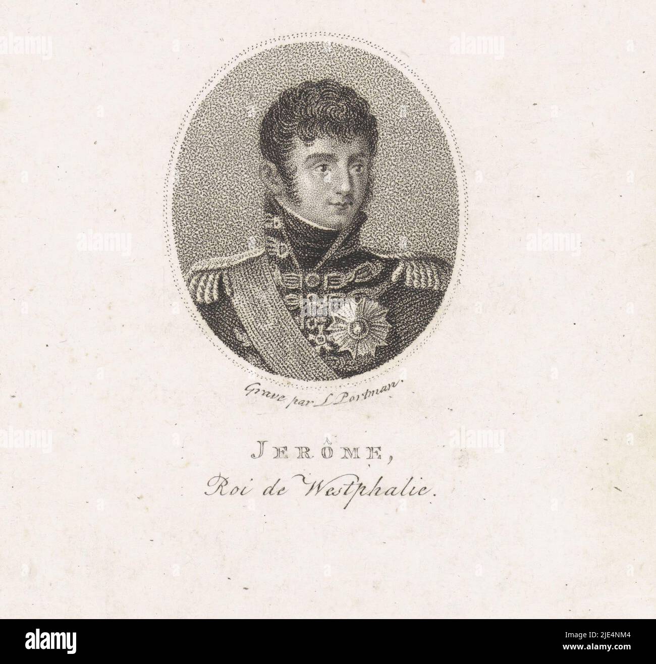 He wears the commander's cross of his Order of the Crown of Westphalia, Portrait of Jérôme Bonaparte, King of Westphalia., print maker: Ludwig Gottlieb Portman, (mentioned on object), unknown, 1787 - 1828, paper, h 105 mm - w 79 mm Stock Photo