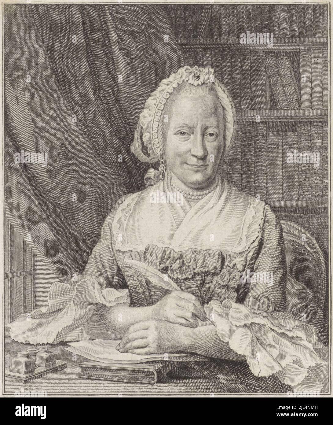 Portrait of the Dutch poet Lucretia Wilhelmina van Merken, sitting in front of a table with for her inkwell, a book and a sheet of paper, in her hand a quill, Portrait of Lucretia Wilhelmina van Merken., print maker: Reinier Vinkeles (I), (mentioned on object), intermediary draughtsman: Hendrik Pothoven, (mentioned on object), Amsterdam, 1792, paper, etching, engraving, h 192 mm × w 143 mm Stock Photo