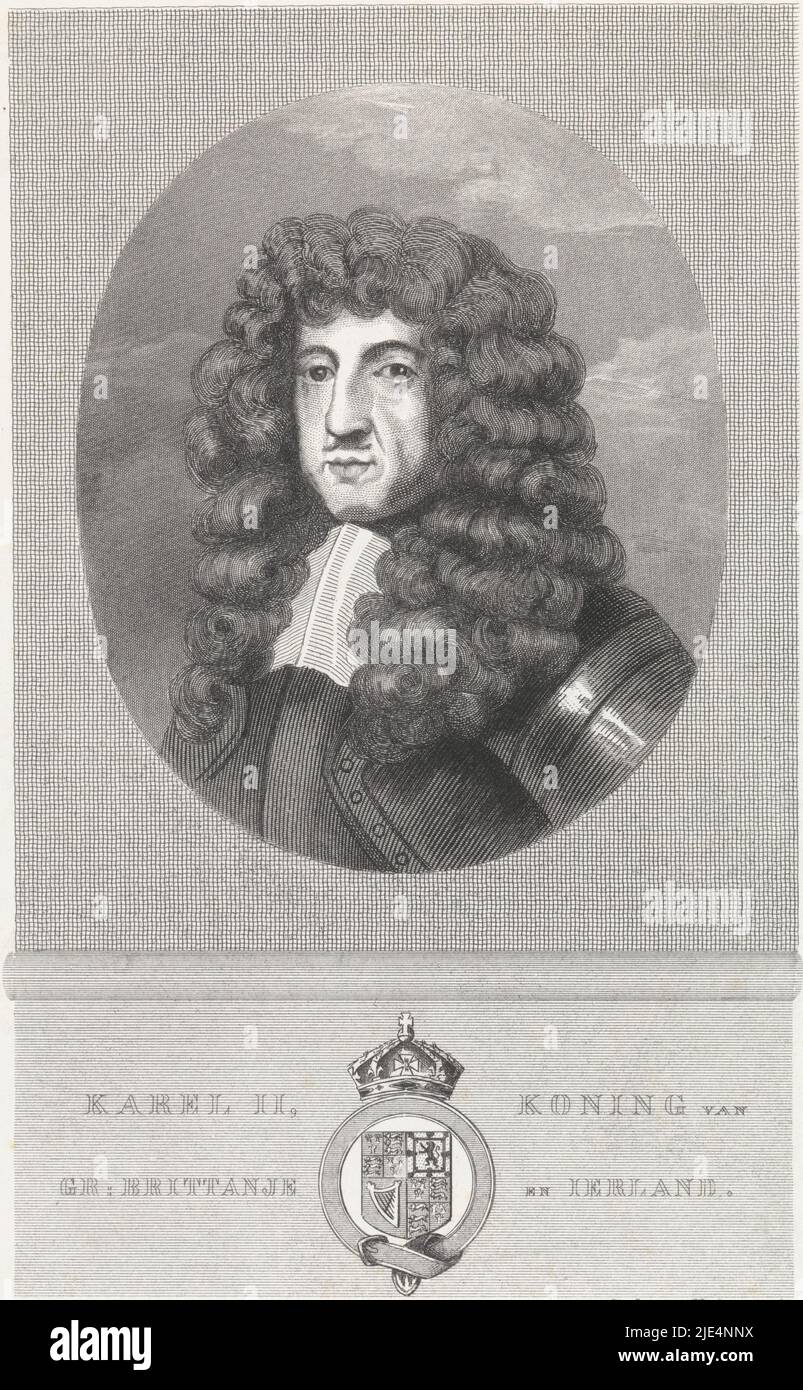 Portrait bust in oval to the left of Charles II, King of England, Scotland and Ireland. He wears armour and in the margin is his coat of arms, Portrait of Charles II, King of England Charles II, King of GR:Brittany and Ireland., print maker: Christiaan Lodewijk van Kesteren, (mentioned on object), after: Peter Lely (Sir), 1842 - 1897, paper, steel engraving, h 205 mm × w 126 mm Stock Photo