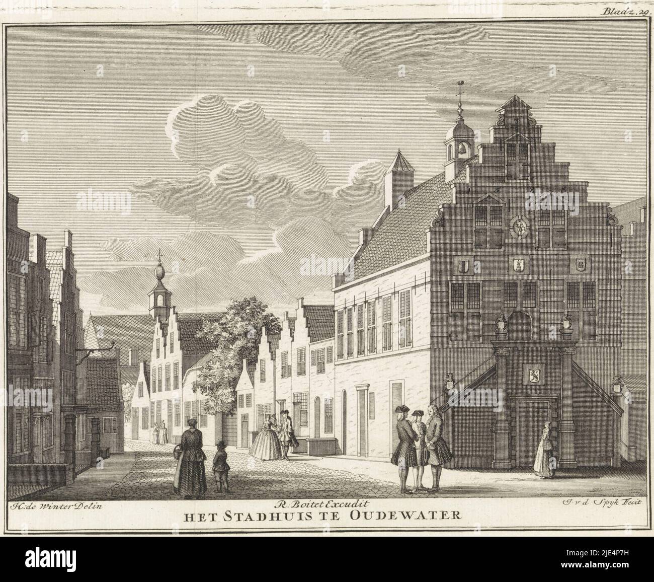 The town hall of Oudewater with left hand side view in a street, where a few people are walking, Town hall in Oudewater The town hall in Oudewater, print maker: Johannes van der Spyck, (mentioned on object), intermediary draughtsman: Hendrik de Winter, (mentioned on object), publisher: Reinier Boitet, (mentioned on object), Delft, 1747, paper, etching, h 163 mm × w 204 mm Stock Photo