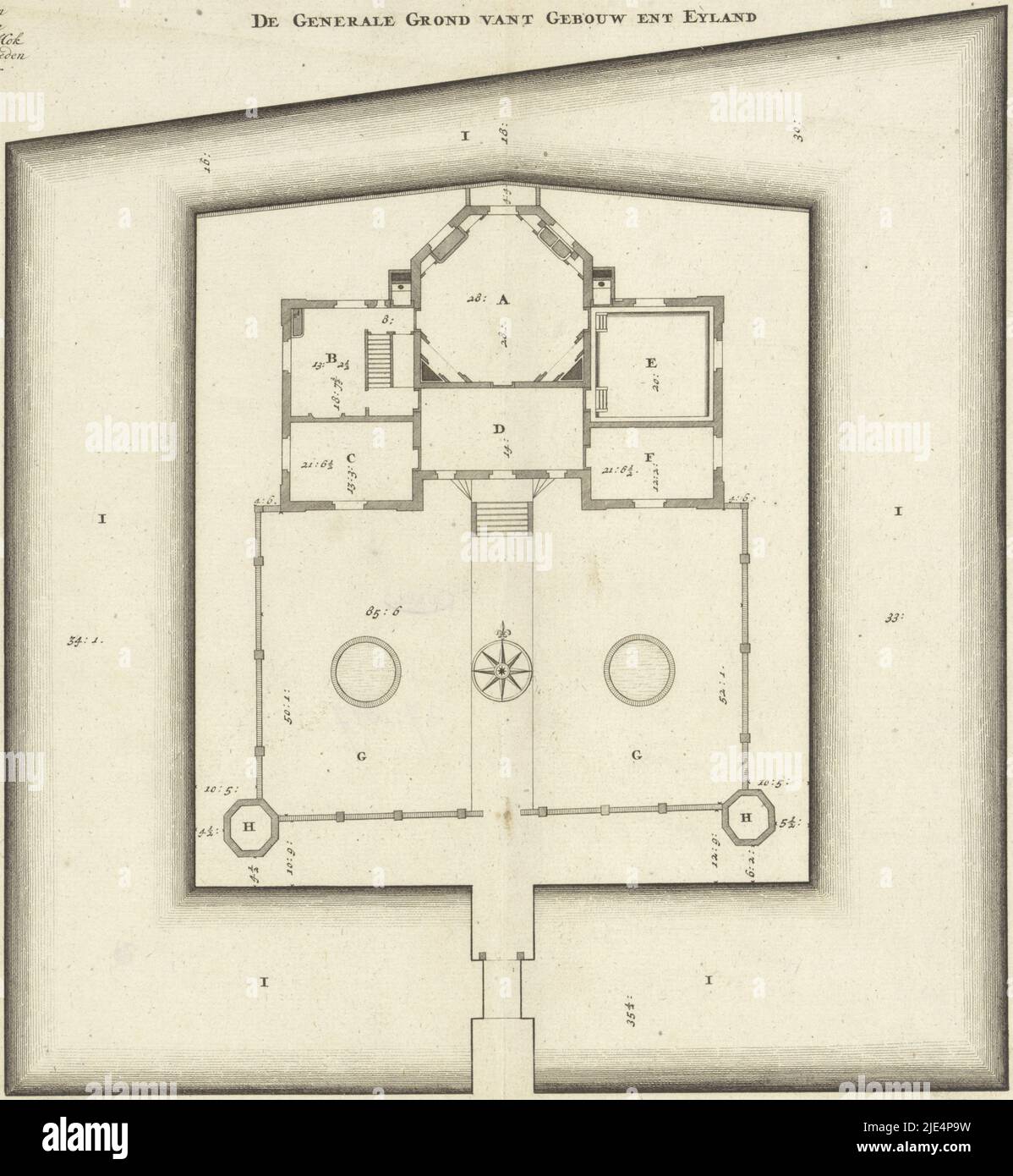 Map of country estate De Nes or Realeneiland in Vreeland. The country house built for the Reaal family in Amsterdam in 1687 was situated on an island in the Vecht, Map of country estate De Nes of Realeneiland in Vreeland De Generale Grond vant Gebouw ent Eyland, Huis de Nes in Vreeland (series title)., print maker: Bastiaen Stopendael, (mentioned on object), H.B. Kramer, (mentioned on object), Amsterdam, 1687 - 1693, paper, etching, h 294 mm × w 336 mm Stock Photo