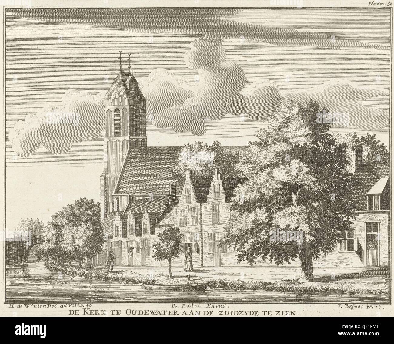 View of Grote or Sint Michaëlskerk in Oudewater The church in Oudewater on the zuidzyde to be seen, print maker: Iven Besoet, (mentioned on object), intermediary draughtsman: Hendrik de Winter, (mentioned on object), publisher: Reinier Boitet, (mentioned on object), print maker: Netherlands, publisher: Delft, 1746 - 1747 and/or 1747, paper, etching, engraving, h 157 mm × w 200 mm Stock Photo
