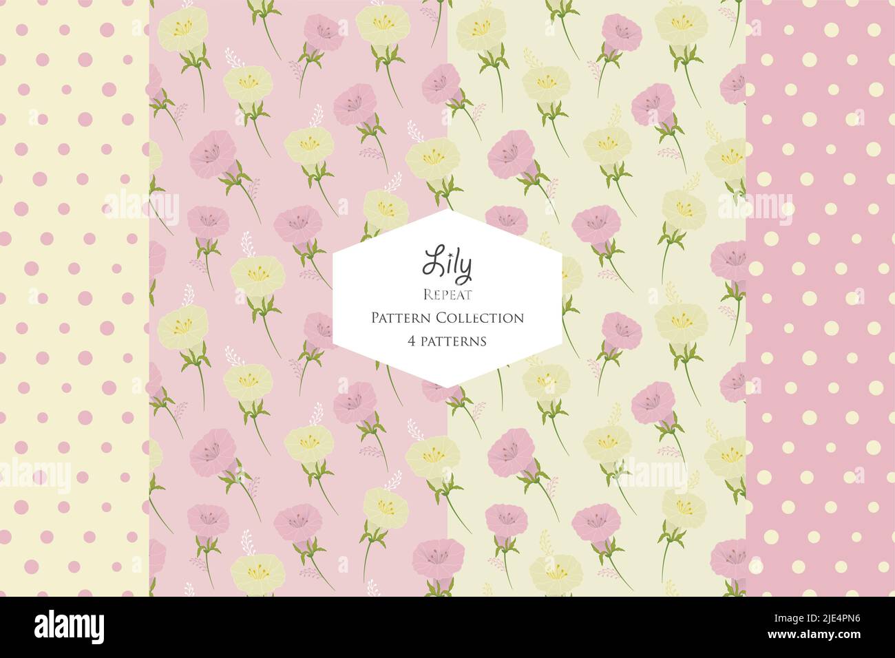 Set of 4 pastel lavender lilies patterns. Vector seamless repeat patterns. Great for fabric, textile, scrapbooking, wallpapers and packaging projects. Stock Vector