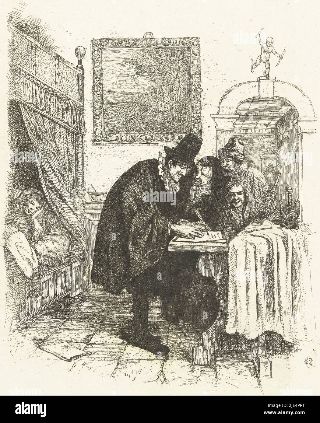 A doctor writes a prescription standing at a table. An old woman, a man with a clyster and a boy are watching. The patient, a sick woman, is lying in bed. In the interior, a painting hangs on the wall with a pastoral scene. On top of the bar is a small statue of Amor, Doctor on a home visit to a sick woman., print maker: Albertus Brondgeest, after: Jan Havicksz. Steen, Netherlands, 1796 - 1849, paper, etching, h 249 mm × w 164 mm Stock Photo