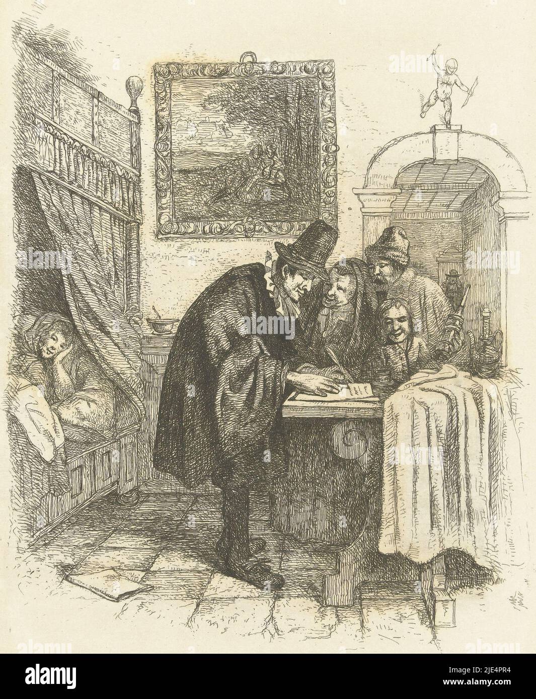 A doctor writes a prescription standing at a table. An old woman, a man with a clyster and a boy are watching. The patient, a sick woman, is lying in bed. In the interior, a painting hangs on the wall with a pastoral scene. On top of the bar is a small statue of Amor, Doctor on a home visit to a sick woman., print maker: Albertus Brondgeest, after: Jan Havicksz. Steen, Netherlands, 1796 - 1849, paper, etching, h 251 mm × w 164 mm Stock Photo