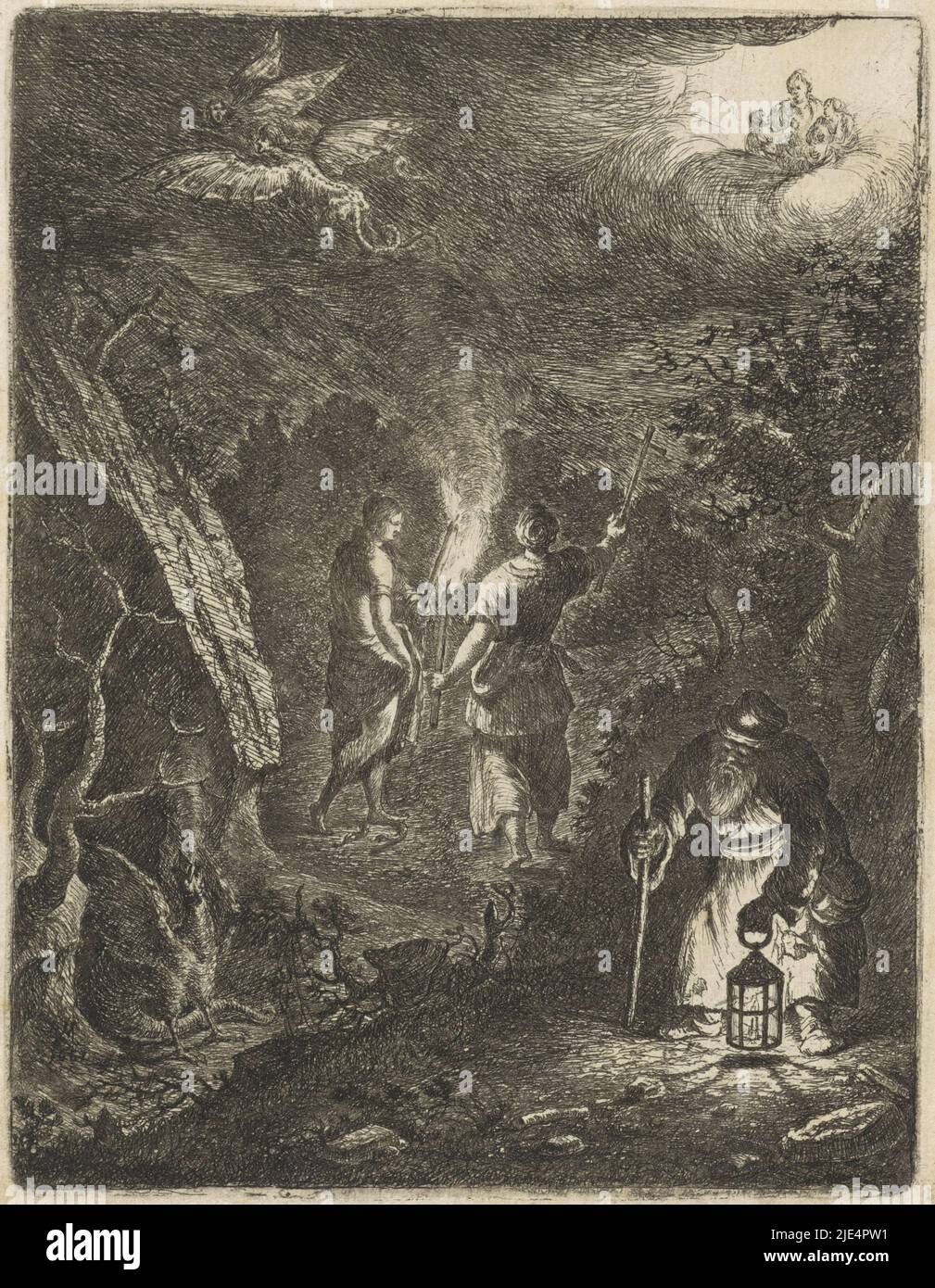 A young man with a torch is accompanied by Faith on a road, also with a torch in his hand and a crucifix. The road leads to Caritas, in the clouds, although above and below devils can also be seen. On the right Diogenes with a lantern, Allegory of the way of true love., print maker: Johannes Vorsterman, (mentioned on object), Zaltbommel, 1661, paper, etching, h 168 mm × w 129 mm Stock Photo