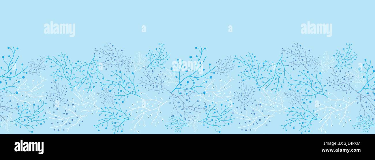 Blue seaweeds border vector seamless background pattern. Horizontal frame border. Surface pattern design Stock Vector