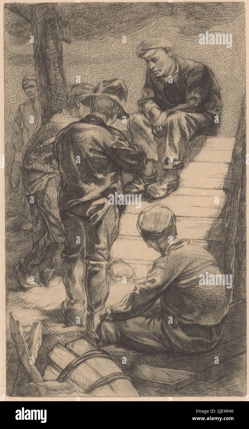 A group of five workers around and on a wooden gangway, Five workers, print maker: Johannes Josephus Aarts, 1881 - 1934, Japanese paper (handmade paper), etching, h 250 mm × w 155 mm Stock Photo