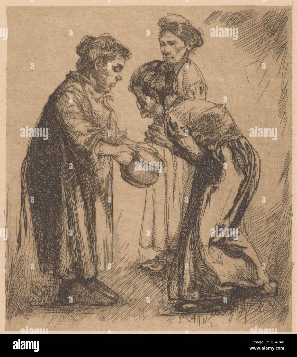 Three women, one of whom is holding a pot. The woman opposite her looks at the contents of the pot with her hands squeezed together and her mouth open., Three women with pot, print maker: Johannes Josephus Aarts, 1881 - 1934, Japanese paper (handmade paper), etching, h 188 mm × w 163 mm Stock Photo