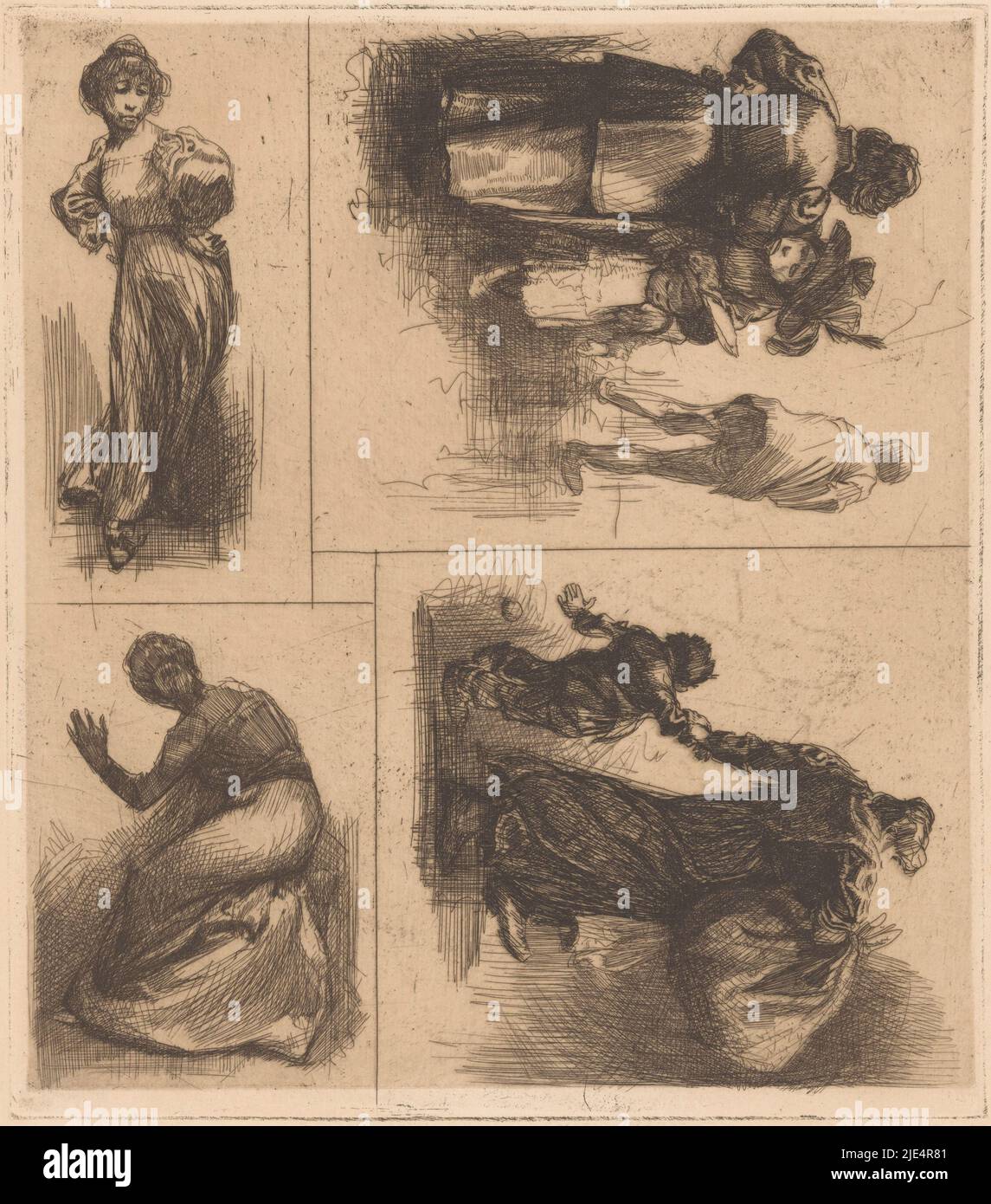 Sheet with four shows. Top right a woman with child on her arm. Bottom right a woman with bent back and knees. Bottom left a woman in dress. Top left two women with a child, Four scenes with human figures., print maker: Johannes Josephus Aarts, 1881 - 1934, paper, etching, h 225 mm × w 255 mm Stock Photo
