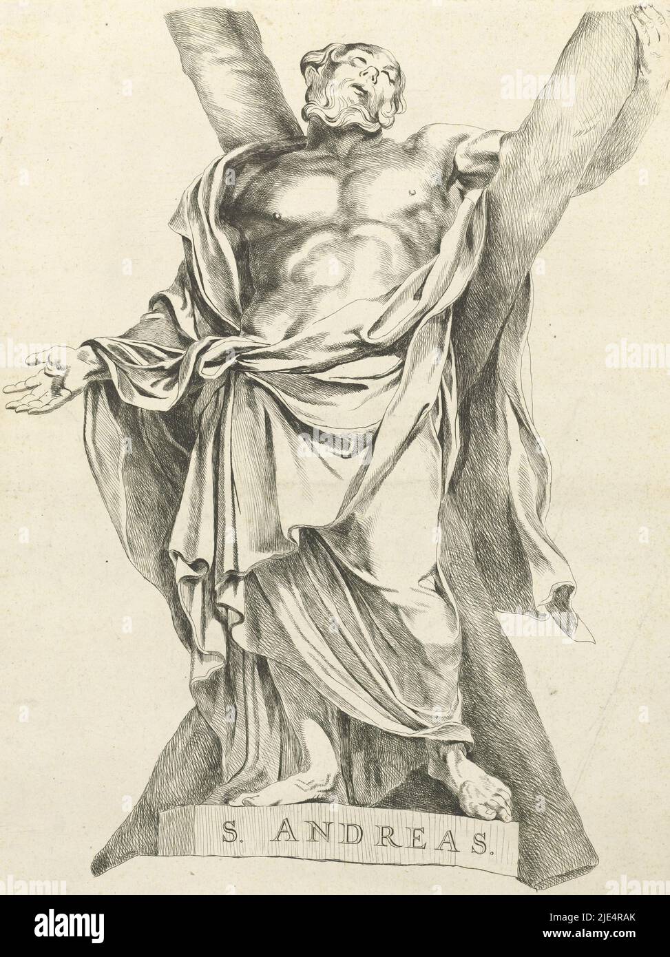 Saint Andrew, with x-shaped cross. After the statue of François Duquesnoy, Saint Andrew., print maker: Hendrick de Graauw, (mentioned on object), François Du Quesnoy, (mentioned on object), publisher: Hendrick de Graauw, (mentioned on object), c. 1637 - 1693, paper, etching, w 312 mm × h 413 mm Stock Photo