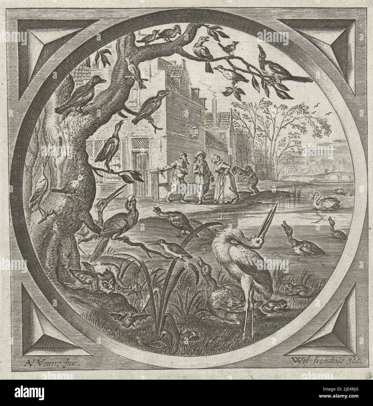 Many different birds near a lake with conversational figures in the background in front of a house, Landscape with birds, print maker: Willem Hondius, (mentioned on object), Adriaen Pietersz. van de Venne, (mentioned on object), The Hague, 1608 - 1658, paper, etching, h 140 mm × w 138 mm Stock Photo