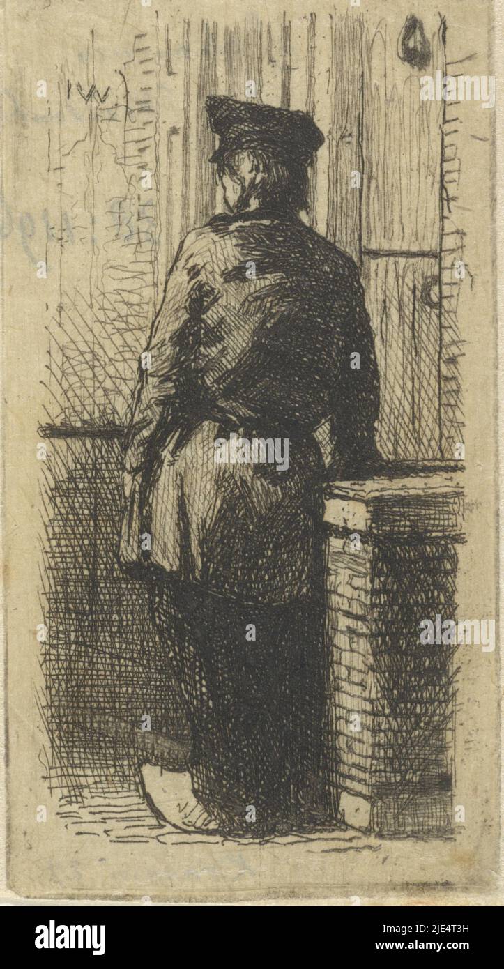 At a fence and a low wall a young man is seen standing on his back. He is wearing clogs and a cap, Young man on clogs, print maker: Jan Weissenbruch, (mentioned on object), The Hague, 1837 - 1880, paper, etching, h 81 mm × w 44 mm Stock Photo