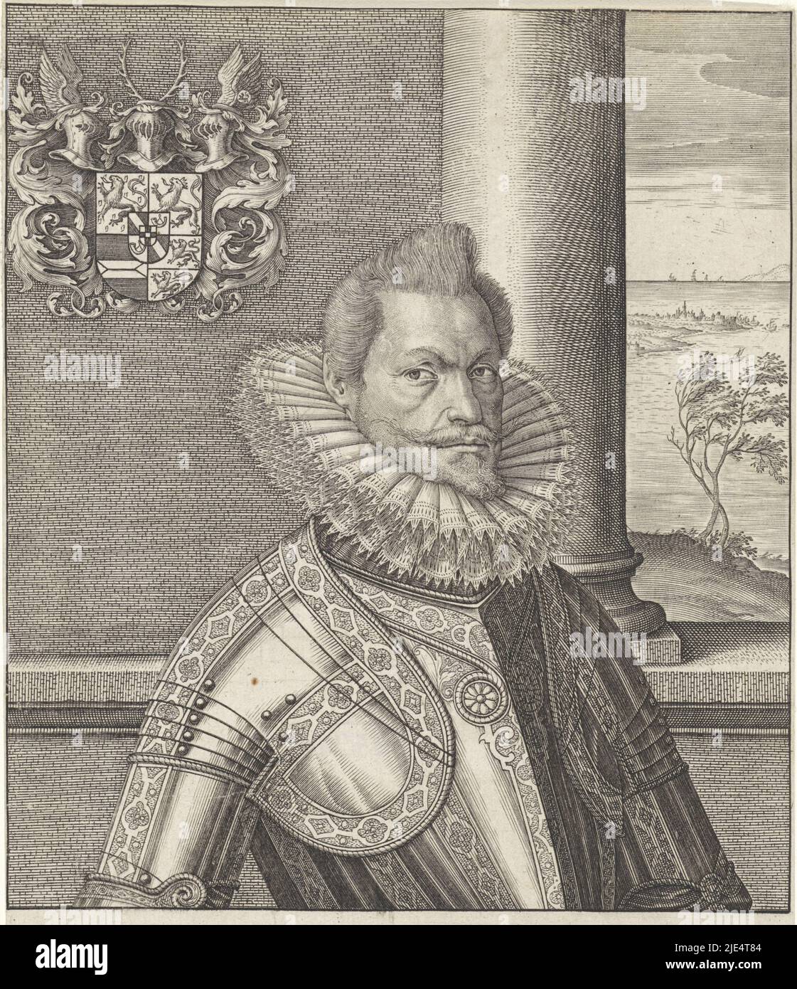 He is wearing a harness. Top left his coat of arms. In the background through the window a view of the sea. In the margin a three-line caption in Latin, Coastal portrait of Philip William, Prince of Orange., print maker: Antonie Wierix (II), (mentioned on object), publisher: Hieronymus Wierix, (mentioned on object), Antwerp, 1565 - before 1604, paper, engraving, h 211 mm × w 153 mm Stock Photo