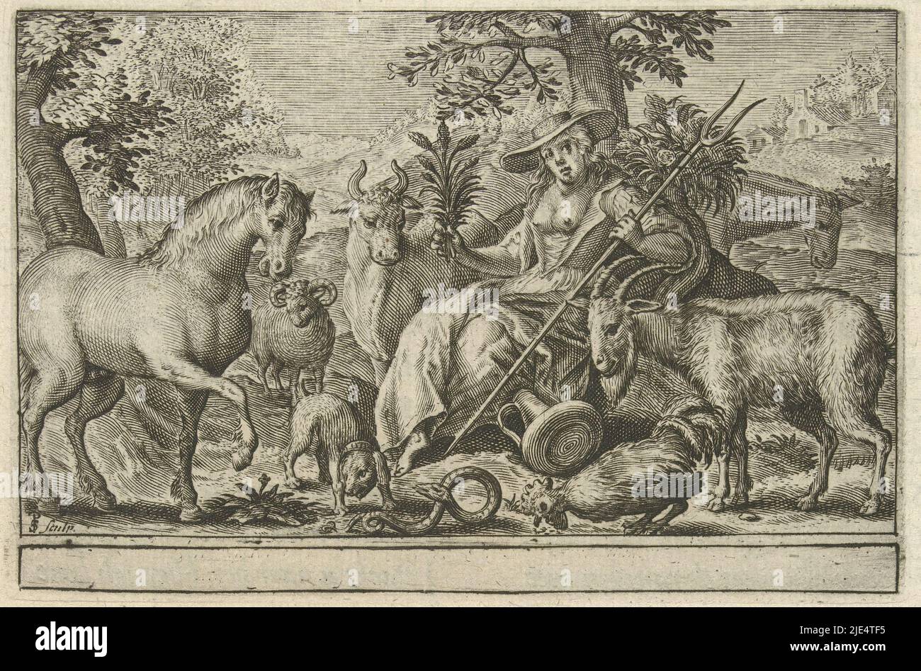 Landscape with the goddess Pales (Roman goddess of shepherds, agriculture and cattle breeding), surrounded by various animals. With an empty margin under the representation. Beneath the print and on the reverse in Dutch, Pales., print maker: Simon van de Passe, (mentioned on object), unknown, 1627, paper, engraving, letterpress printing, h 83 mm × w 125 mm, h 216 mm × w 157 mm Stock Photo