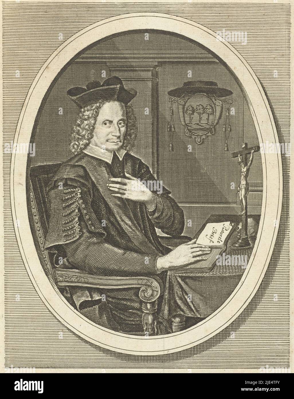 Portrait of Gerard Potcamp, pastor and archpriest of Lingen, sitting at a table with crucifix, on the wall hanging his coat of arms. Knee in oval frame, Portrait of Gerard Potcamp, pastor and archpriest of Lingen Reverendissimus dominus D. Gerardus Potcamp (...) 16 December Euisdem Anni, print maker: François van Bleyswijck, (mentioned on object), unknown, Leiden, 1681 - 1726, paper, etching, engraving, h 236 mm × w 142 mm Stock Photo