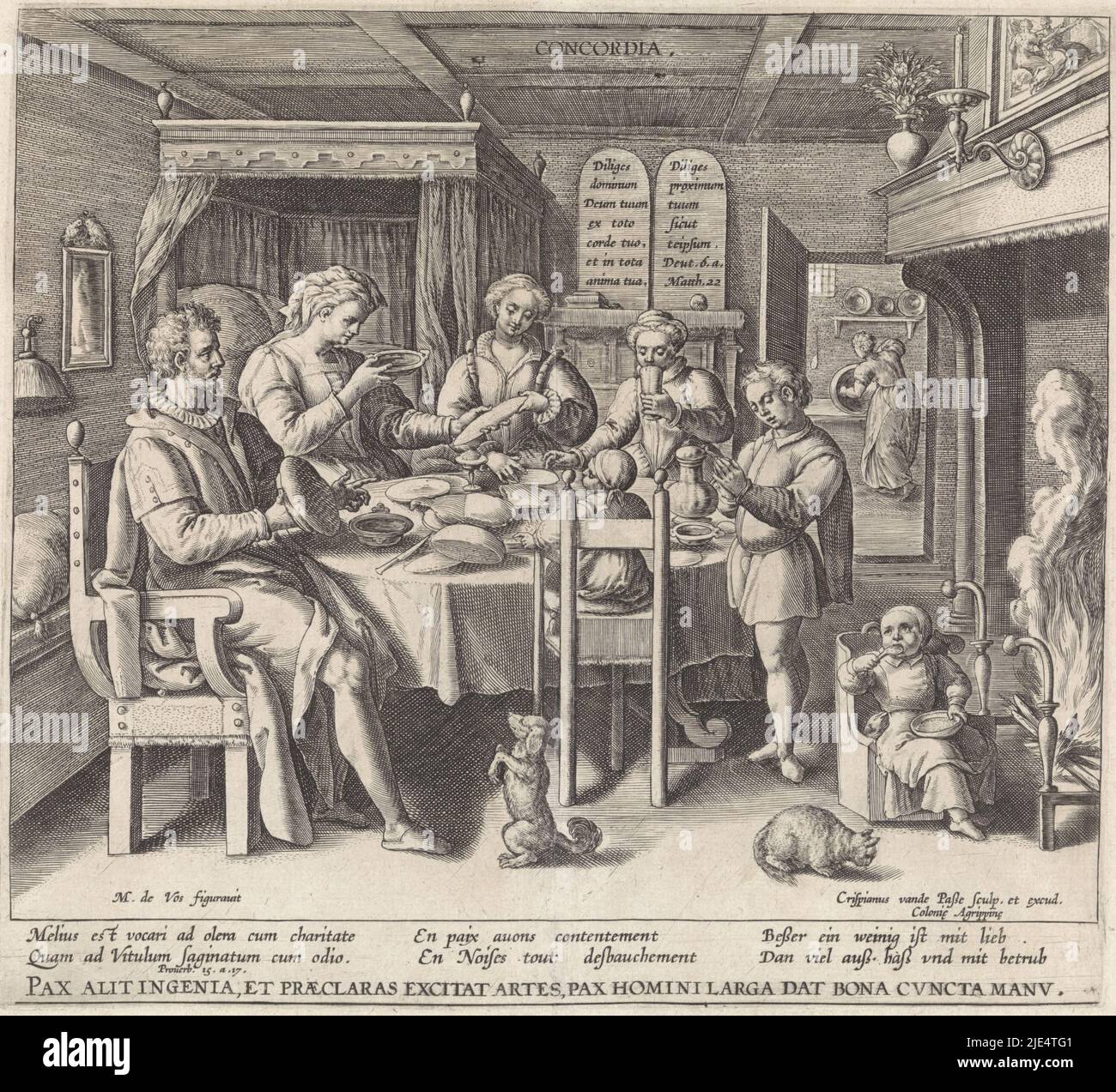 The Imagination of the virtue Eendracht (Concordia): interior with a Christian family at the meal. The father is holding a loaf of bread, the mother a bowl. The three eldest children are standing at the table. The boy has his hands folded in prayer. In front of the fireplace, a small child sits in a high chair. In the foreground a begging dog and a cat. On a cupboard against the back wall of the room are the tables of the law with bible quotes in Latin from Deut. 6 and Mat. 22. In the margin a six-line Bible quote from Spr. 15-17 and a motto in Latin. Counterpart of a print with the bad Stock Photo