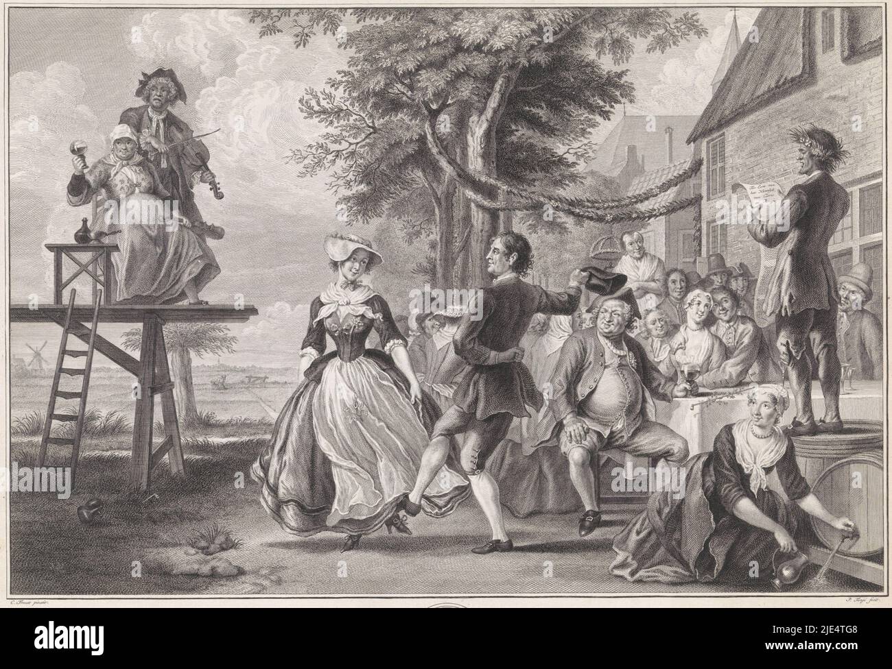 Cloris and Roosje dance at their wedding. On the platform two violinists, whose glass is raised by the woman. On the right are the partygoers and a man, giving a speech from a barrel. At the bottom in the margin the coat of arms of and a commission to Jan Jacob de Bruyn, who had the original painting in his collection. Scene from the lyrical play The wedding of Cloris and Roosje, Wedding of Cloris and Roosje The wedding of Cloris and Roosje / Les noces de Clorus et Rosette, print maker: Pieter Tanjé, (mentioned on object), after: Cornelis Troost, (mentioned on object), publisher: Pierre Stock Photo