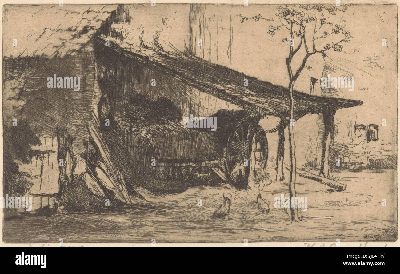 Chickens scurrying by a cart under the shelter of a barn in Limburg, In Limburg (original title on object), print maker: Willem Adrianus Grondhout, (signed by artist), 1916, paper, etching, h 111 mm × w 184 mm Stock Photo