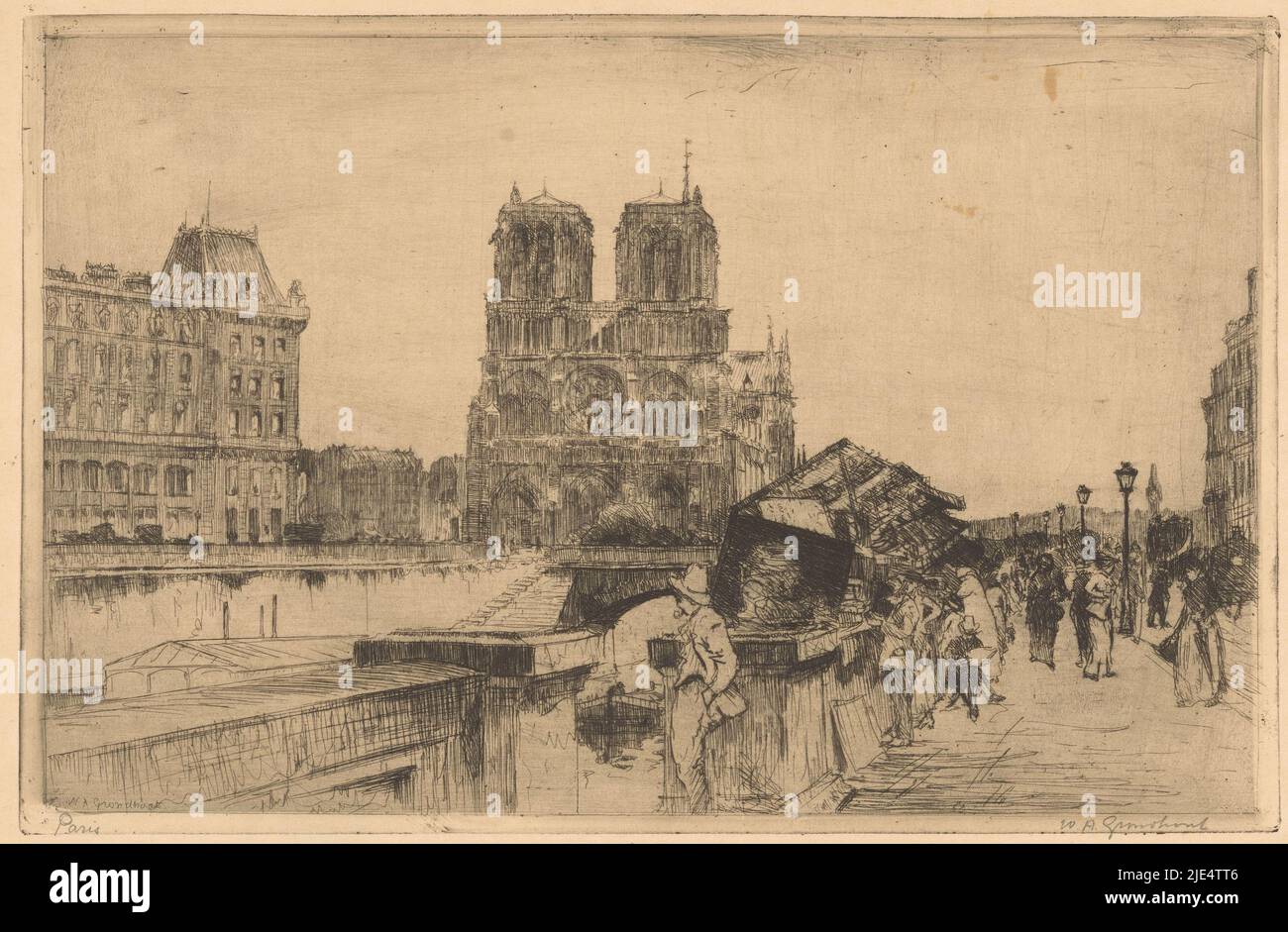 The Notre-Dame in Paris, seen from the Quai de Montebello. On the left the Seine that flows underneath the Pont au Double. On the right walking figures on the Quai de Montebello, Paris (original title on object)., print maker: Willem Adrianus Grondhout, (signed by artist), 1888 - 1934, paper, etching, h 224 mm × w 344 mm Stock Photo