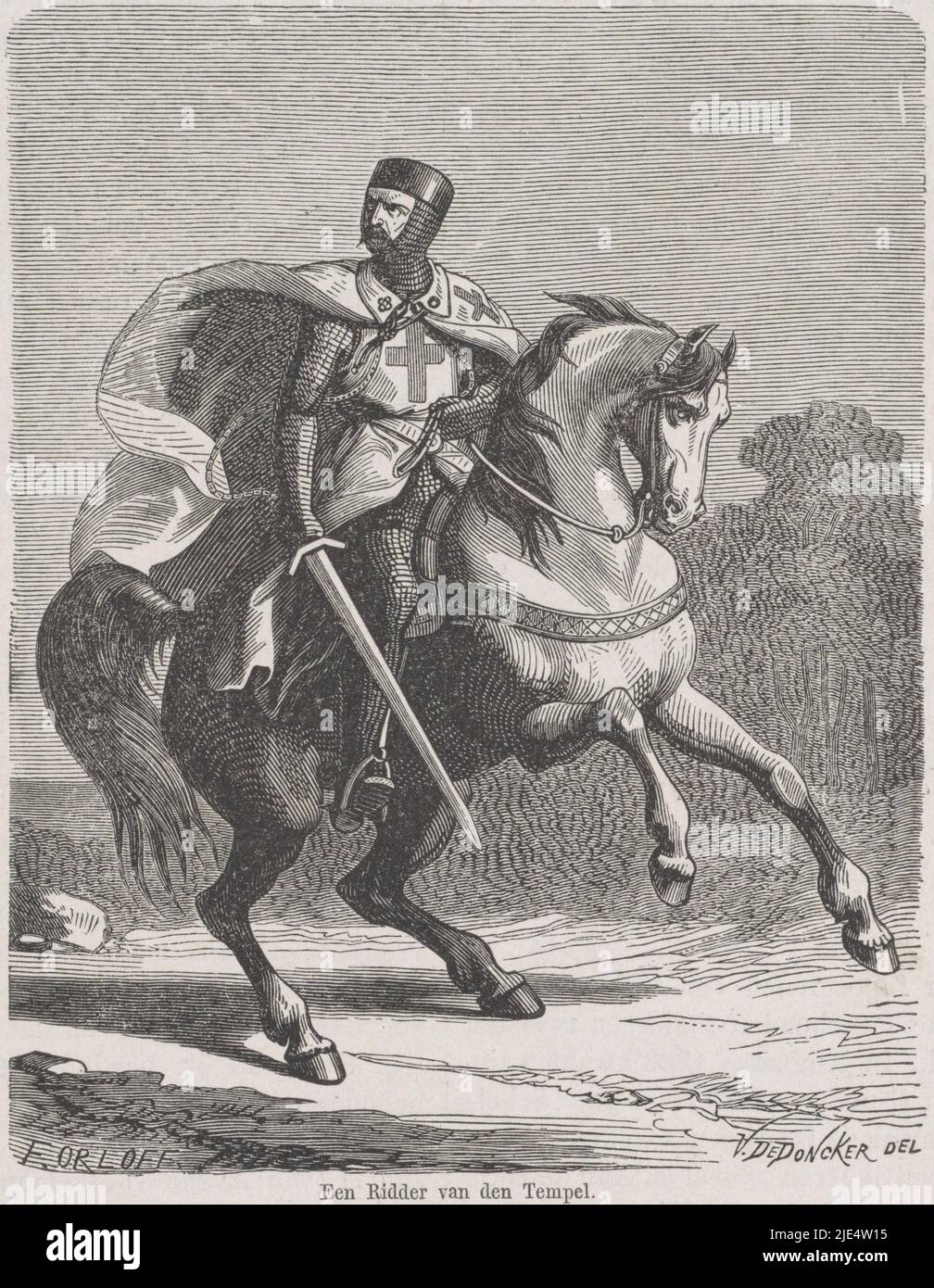 A knight of the Order of the Knights Templar on a rearing horse, A knight of the temple, print maker: Frits Ohrloff, (mentioned on object), Victor De Doncker, (mentioned on object), Amsterdam, 1847 - 1883, paper, letterpress printing, h 130 mm × w 105 mm Stock Photo