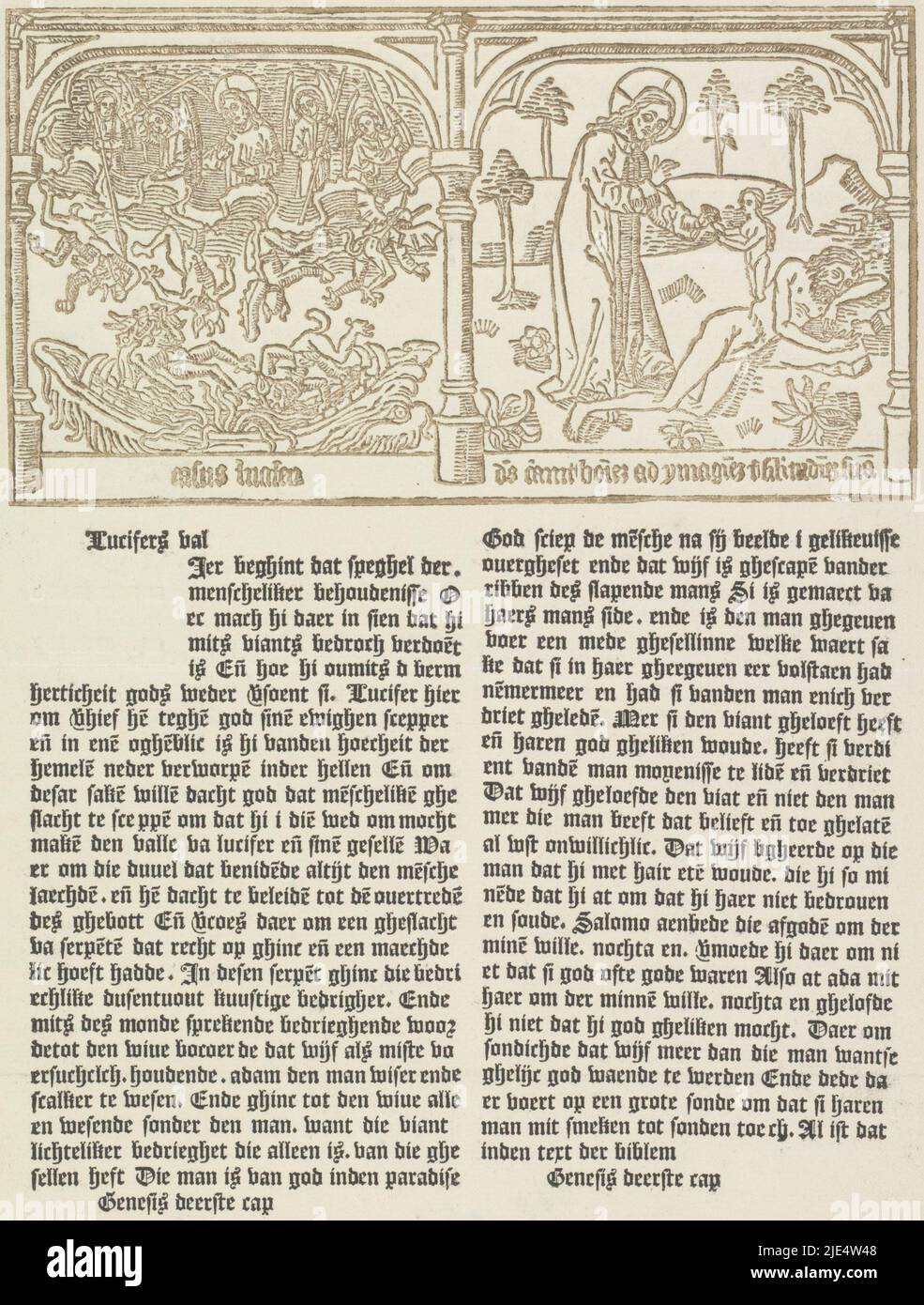 On the left the fall of Lucifer (Satan) and on the right the creation of Eve from a rib of Adam. In a frame two lines of Latin text. Underneath two columns of Dutch text, Fall of Lucifer (Satan) and the creation of Eve., print maker: Cornelis van Noorde, (mentioned on object), printer: Johannes Enschedé (I), (mentioned on object), Haarlem, 1762, paper, letterpress printing, h 332 mm × w 229 mm Stock Photo