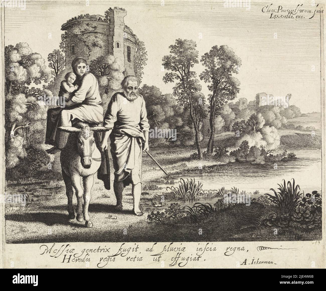 In a landscape of ruins, Joseph leads the donkey with Mary holding the Christ Child in her arms. In the margin two lines of poetry in Latin, Landscape with the flight to Egypt., print maker: Claes Pouwelszoon, (mentioned on object), publisher: Jan van de Velde (II), (mentioned on object), Adrianus Jekerman, (mentioned on object), print maker: Northern Netherlands, publisher: Northern Netherlands, Haarlem, 1615 - 1641, paper, etching, engraving, h 172 mm × w 206 mm Stock Photo