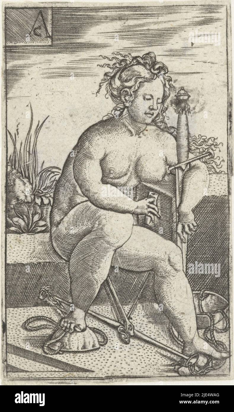 Justice seated with sword and scales under feet, Justice (Justice), print maker: Monogrammist AC (16e eeuw), (mentioned on object), print maker: Allaert Claesz., (possibly), Low Countries, 1520 - 1562, paper, engraving, h 68 mm × w 41 mm Stock Photo